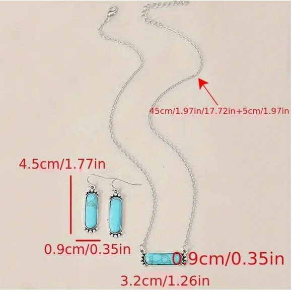 Imitation Turquoise Necklace & Earring Set With Silver Chain Southwest Style - Picture 2 of 2